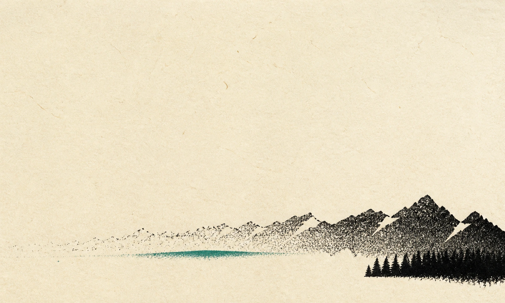 Distilled ink print on cream paper: a snow-notched ridge enters at the right in full black and thins leftward into scattered grain until it disappears, a small dense stand of conifers beneath it, and one narrow teal seam where the range is lost