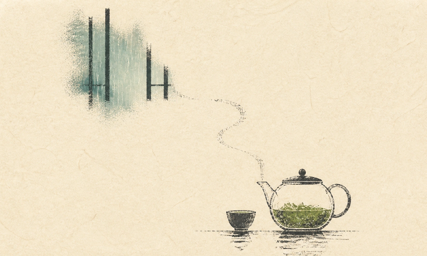 Sparse paper-and-ink tea still life with a teapot, cup, rising steam, and abstract rain or window marks