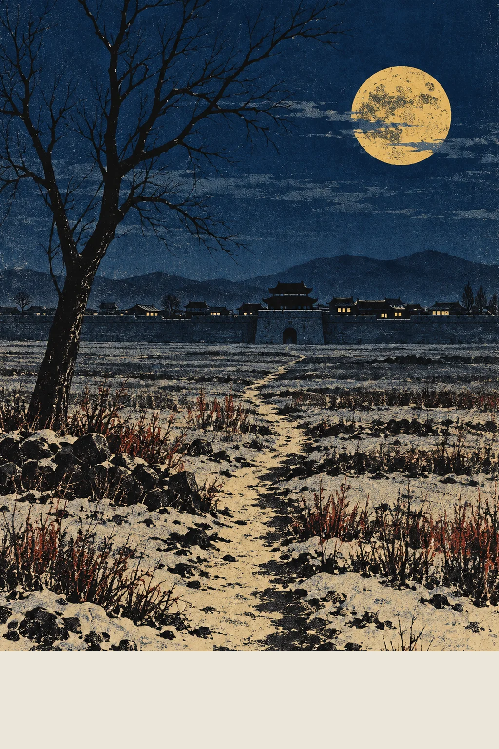 Screen-print of a worn footpath crossing a bare winter field toward a small walled town under a full golden moon, a leafless tree at the left, deep blue night sky.
