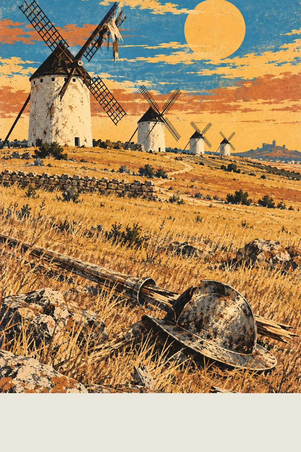 Screen-print of white windmills on the dry La Mancha plain under an orange sky and a large sun, one windmill sail splintered, a broken lance and a dented basin-shaped helmet lying in the dry grass in the foreground.