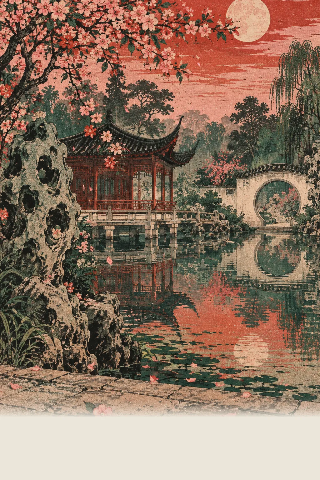 Screen-print of a classical Chinese garden at dusk: a red-pillared lakeside pavilion with upturned eaves, a tall pierced scholar's stone, a flowering crabapple dropping pink petals over still water, and a round moon-gate in a white wall, all reflected under a pale moon; no one is present.