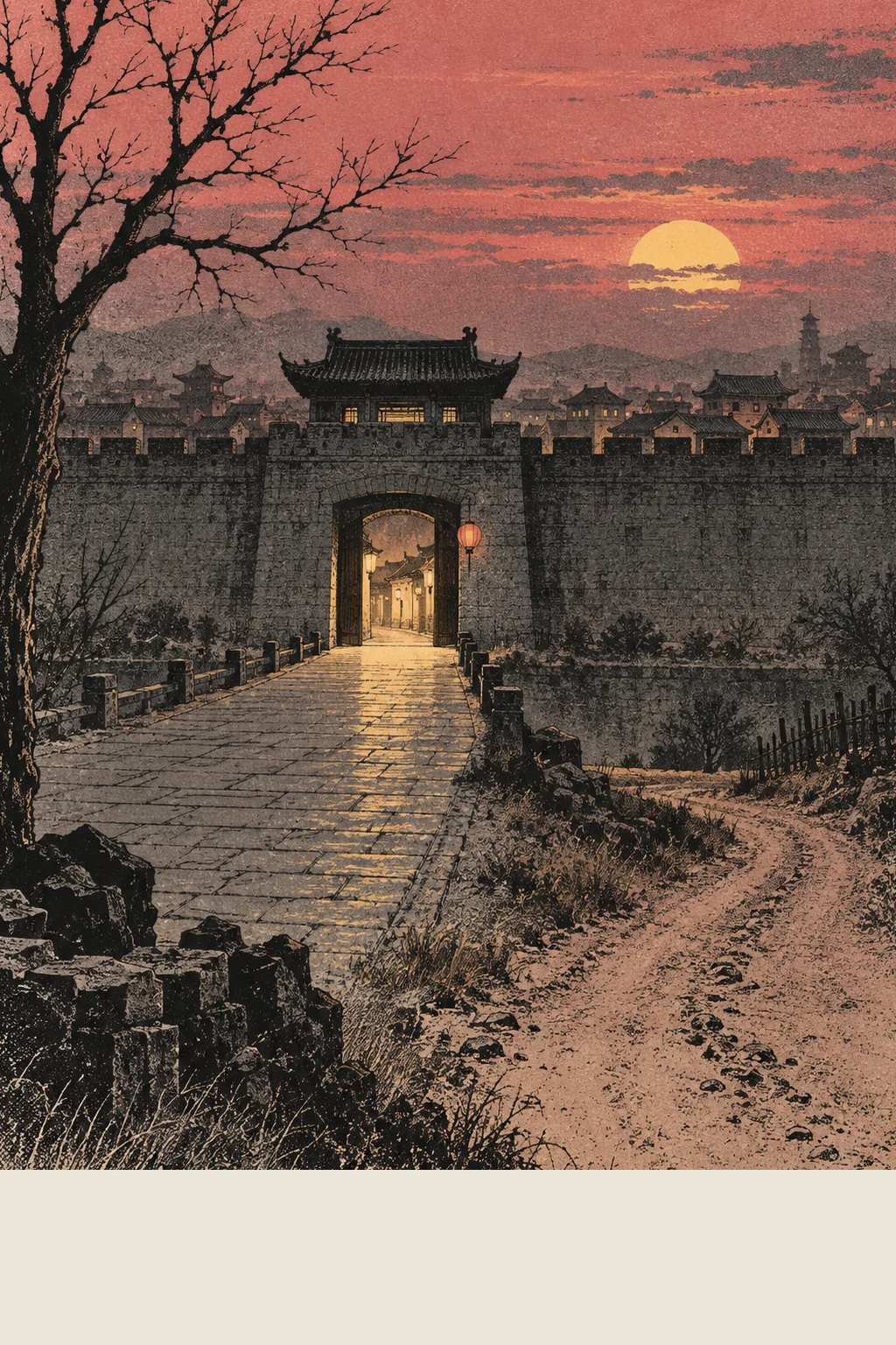 Screen-print of a grey city wall at dusk with one small arched gate standing open, warm lamplight and a red lantern inside, a straight paved road leading in and a dusty road curving away, a bare tree against a rose sky.