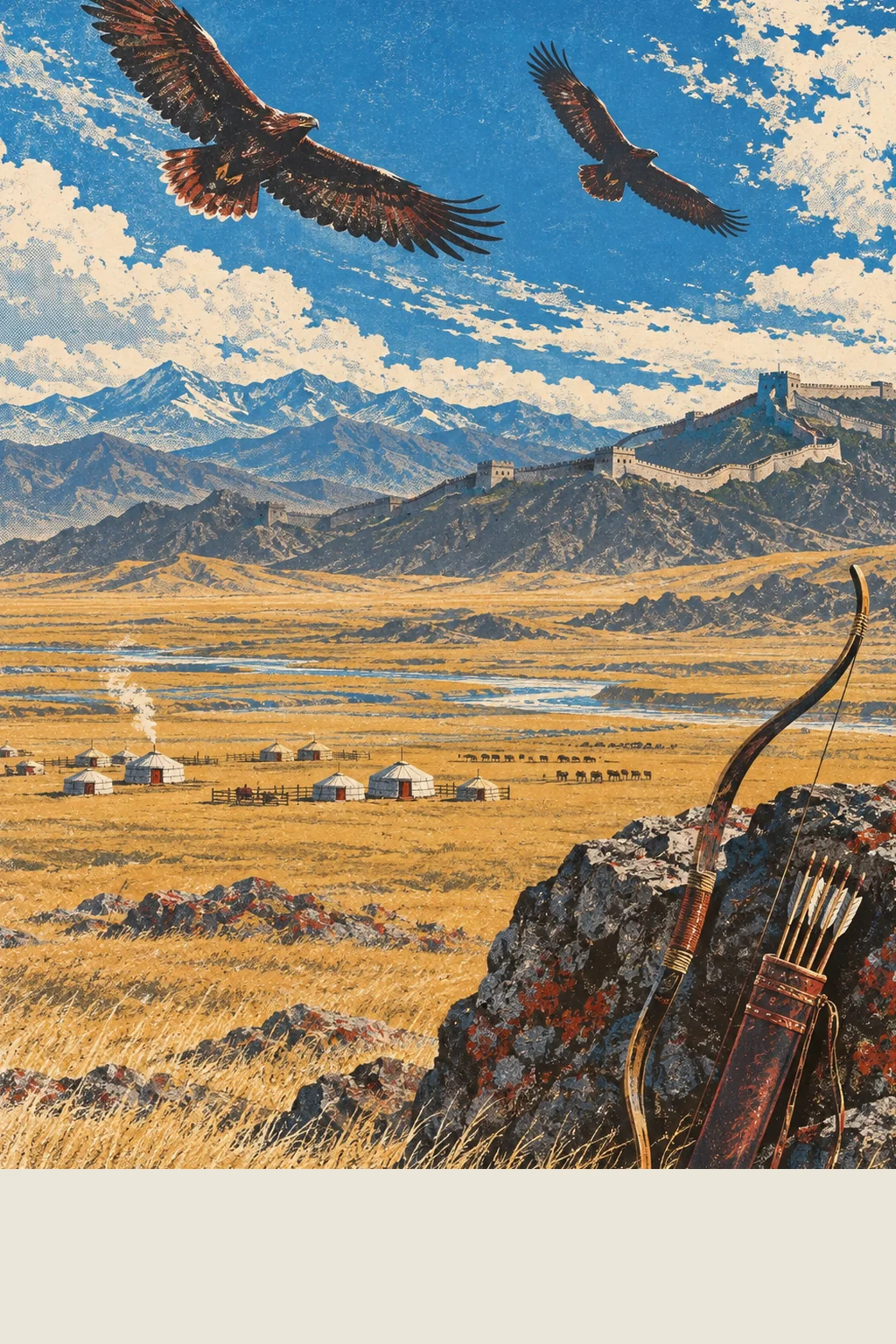 Screen-print of two great eagles wheeling over the golden Mongolian steppe, a camp of round felt yurts and grazing horses below, a segment of the Great Wall along a distant blue ridge, and a bow and quiver of arrows leaning against a rock in the foreground.