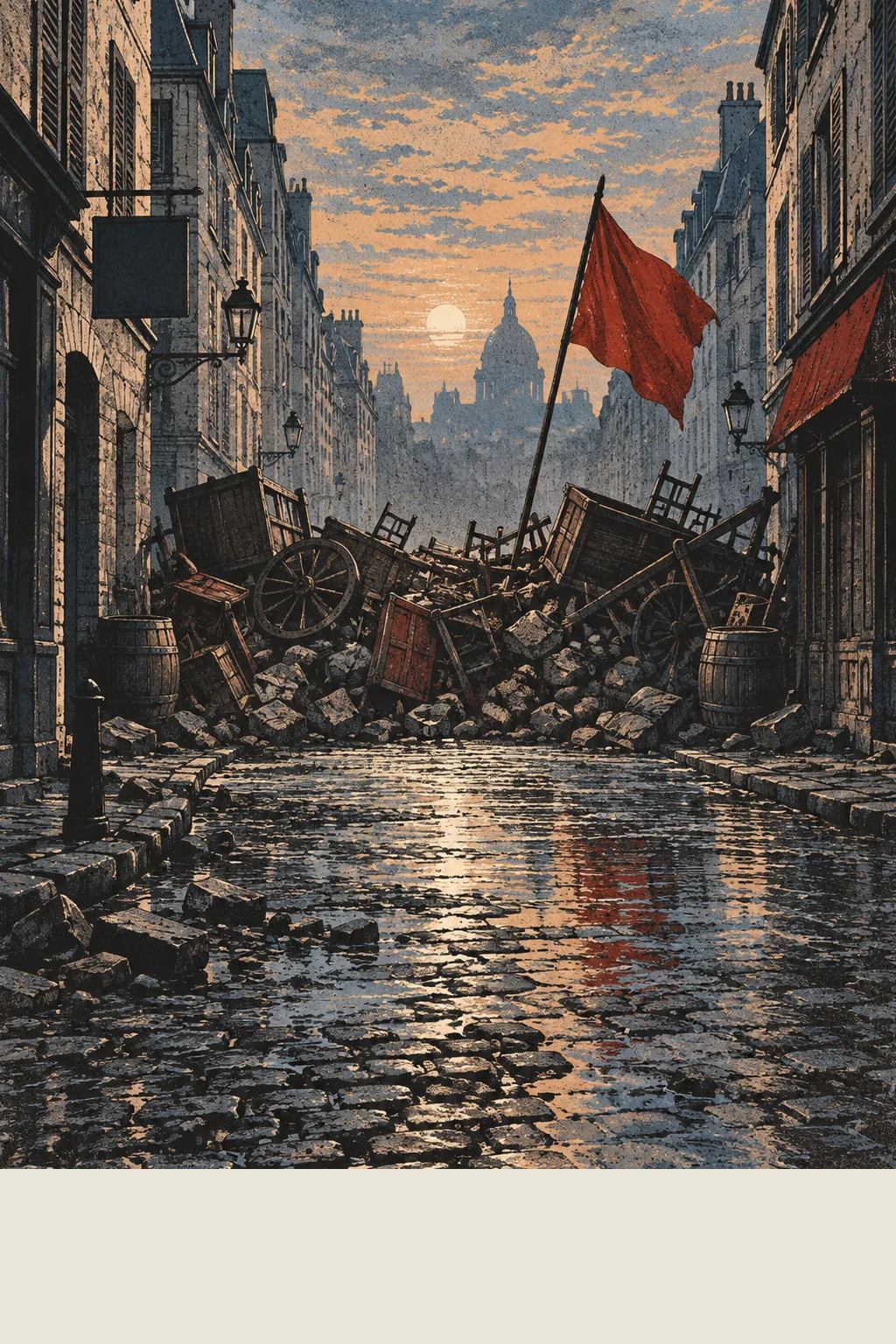 Screen-print of a barricade of overturned carts, chairs, barrels and paving stones filling a narrow Paris street at dawn, a plain red flag above it, tall shuttered stone houses, a blank hanging sign, and wet cobbles reflecting the sky.