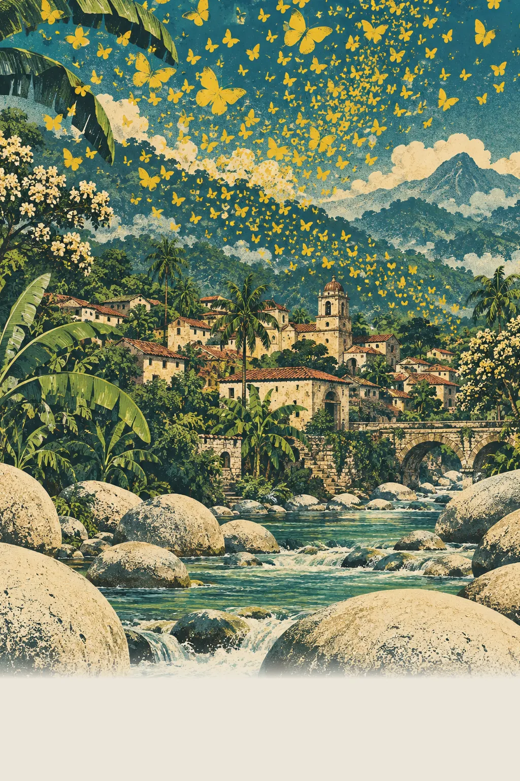 Screen-print of a cloud of yellow butterflies rising over a small tropical town of adobe houses with a church tower and a stone bridge, banana and palm trees, and a clear river running over enormous smooth white stones in the foreground.