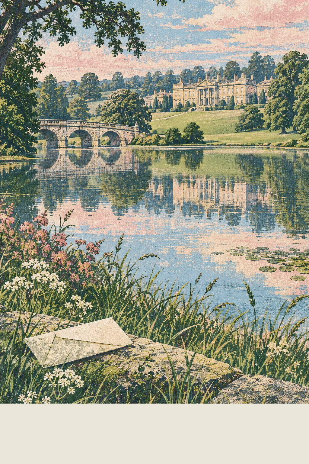 Screen-print of a pale stone country house across a wide still lake with a stone bridge, park lawns and old oaks reflected in the water on a soft summer morning, a folded blank letter lying on the grass in the foreground.