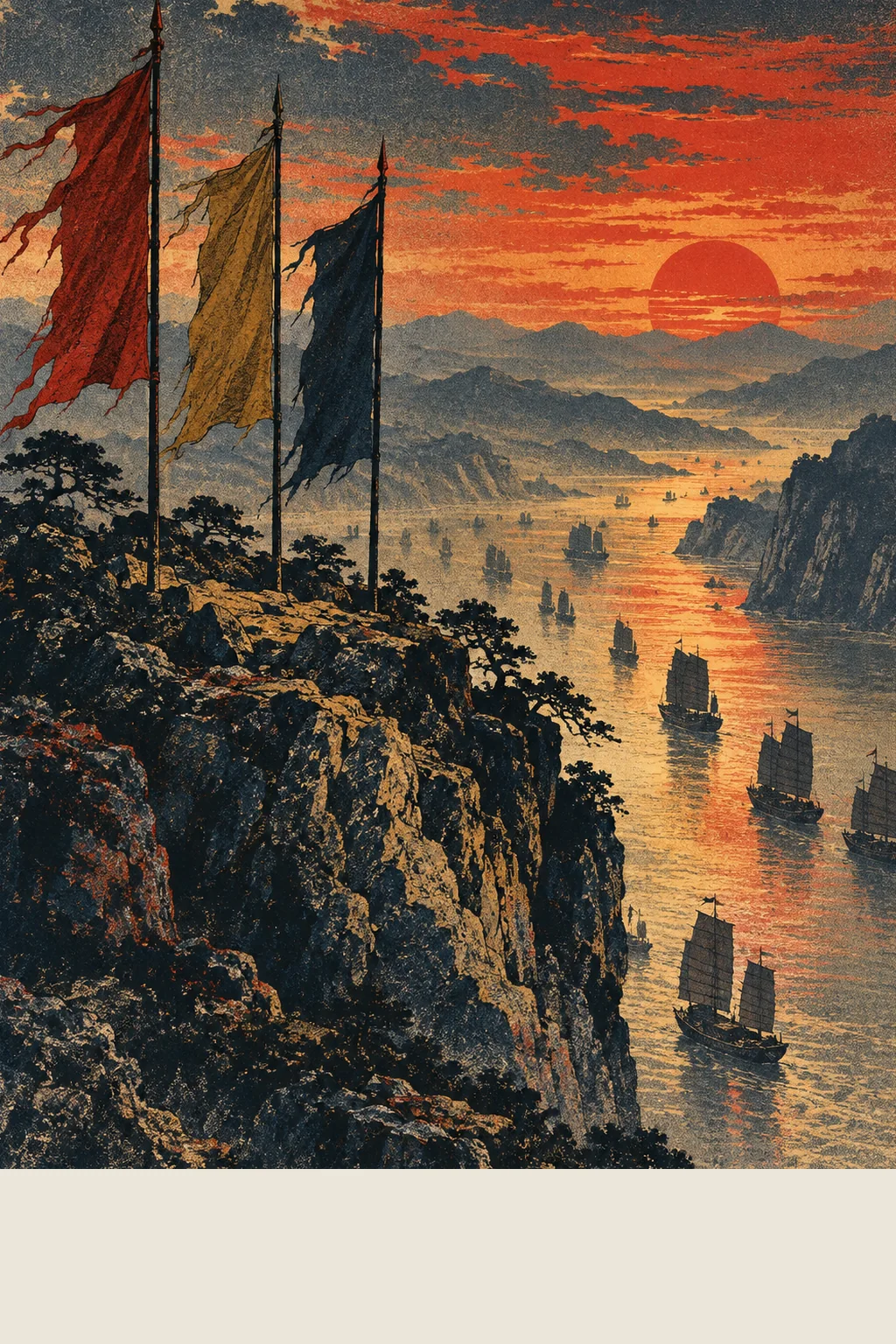 Screen-print of three tattered war banners in red, yellow and dark blue planted on a rocky bluff above the Yangtze at sunset, a line of small junks under sail on the orange water below, and layered hills fading into haze.