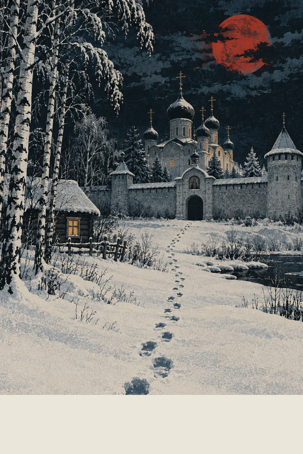 Screen-print of a snow-covered monastery with onion domes behind a stone wall and gate under a red moon, a log cottage with one lit window among snowy birches, and a line of footprints crossing the snow to the gate.