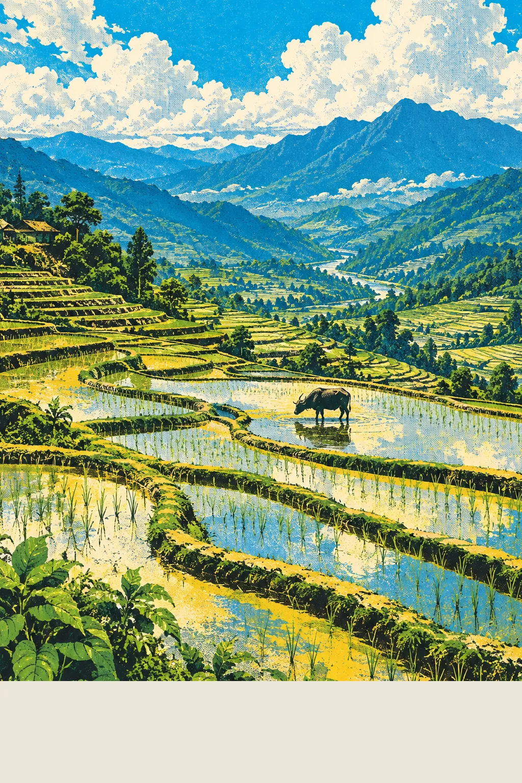 Screen-print of flooded terraced rice fields stepping down a green Yunnan valley in bright noon sun, one water buffalo standing in a terrace, big white clouds over blue mountains.