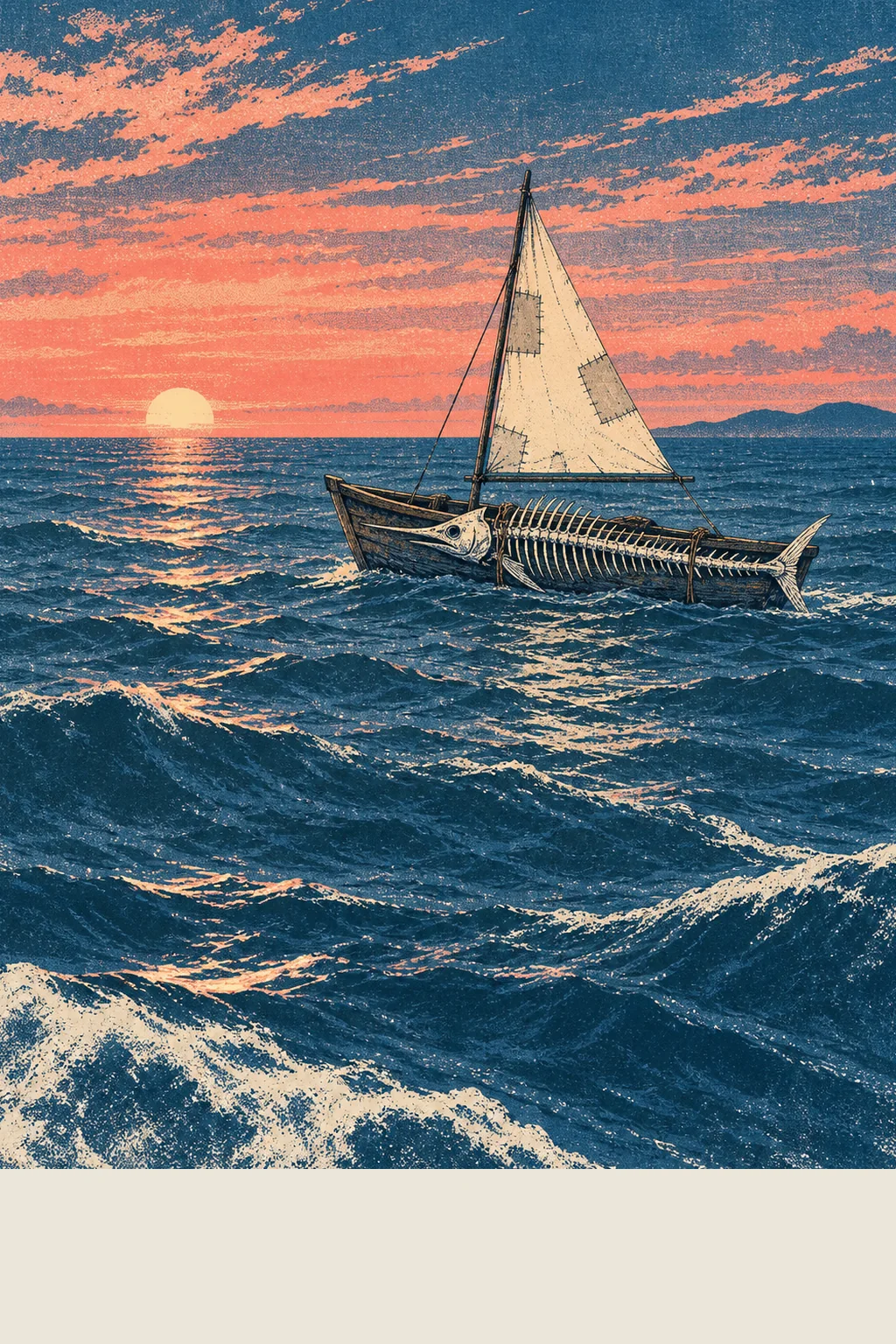 Screen-print of a small wooden skiff with a patched sail alone on a deep blue sea at dawn, the bare skeleton of a huge marlin lashed along its side, the sun rising on the horizon.