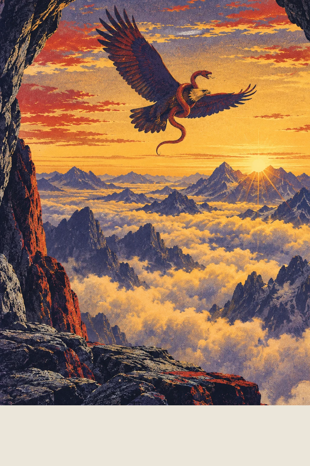 Screen-print looking out of a dark mountain cave mouth at sunrise: an eagle with a serpent coiled around its neck circles above a sea of golden clouds and violet peaks as the sun breaks over the horizon.