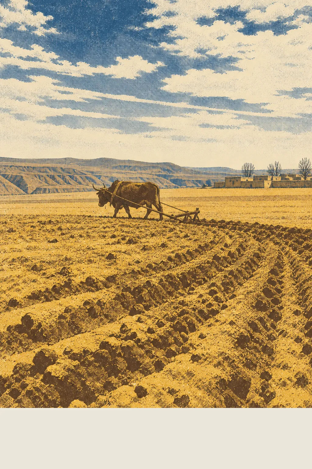 Screen-print of an ox pulling a wooden plough alone across a bare yellow loess field, dark furrows in the foreground, a low mud-walled village and dry hills under a wide sky of scattered clouds.