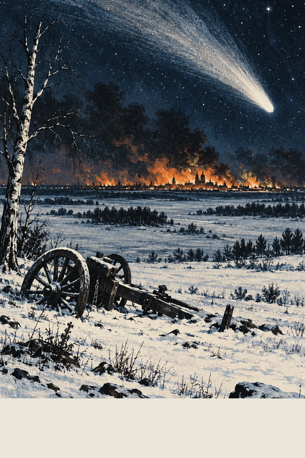 Screen-print of the great comet of 1812 blazing across a starry night over a frozen field, a distant city burning orange on the horizon, a wrecked gun carriage and a bare birch in the snow.