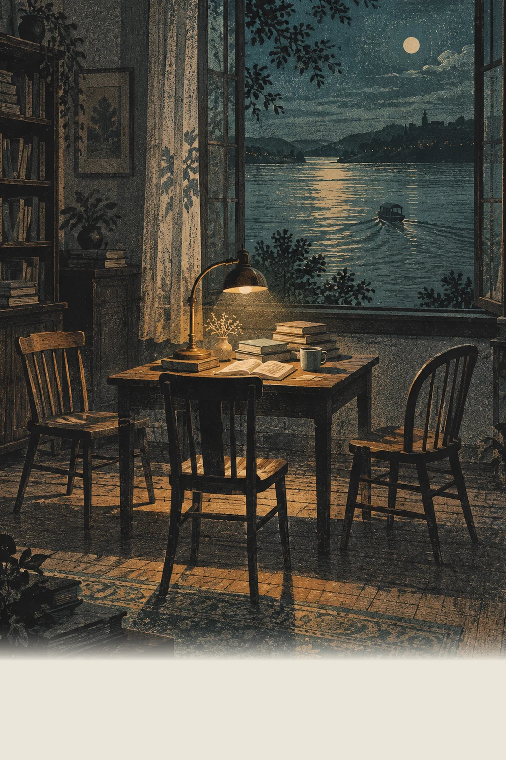 Screen-print of a quiet study at night: three empty wooden chairs around a small table under one warm reading lamp, stacked books, a bookshelf, and through an open window a dark moonlit river with a single small boat.
