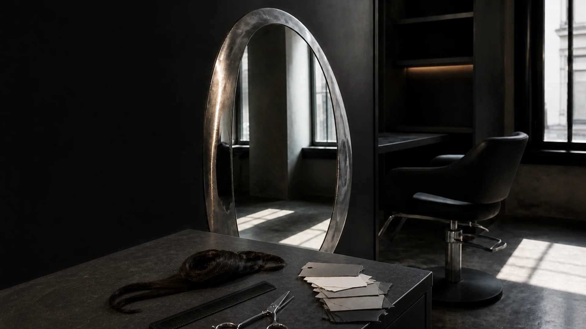 A dark salon workstation with scissors, a comb, a lock of hair, and consultation swatches faces a sculptural metal-framed mirror in a shadowed room.