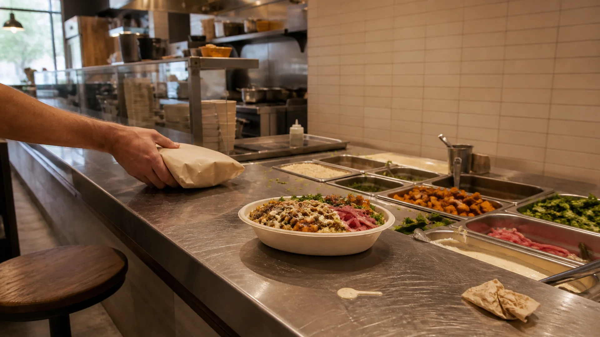 A colorful grain and roasted vegetable bowl rests on a stainless pickup rail beside a folded blank paper liner, with matching ingredients visible in the counter wells behind it.