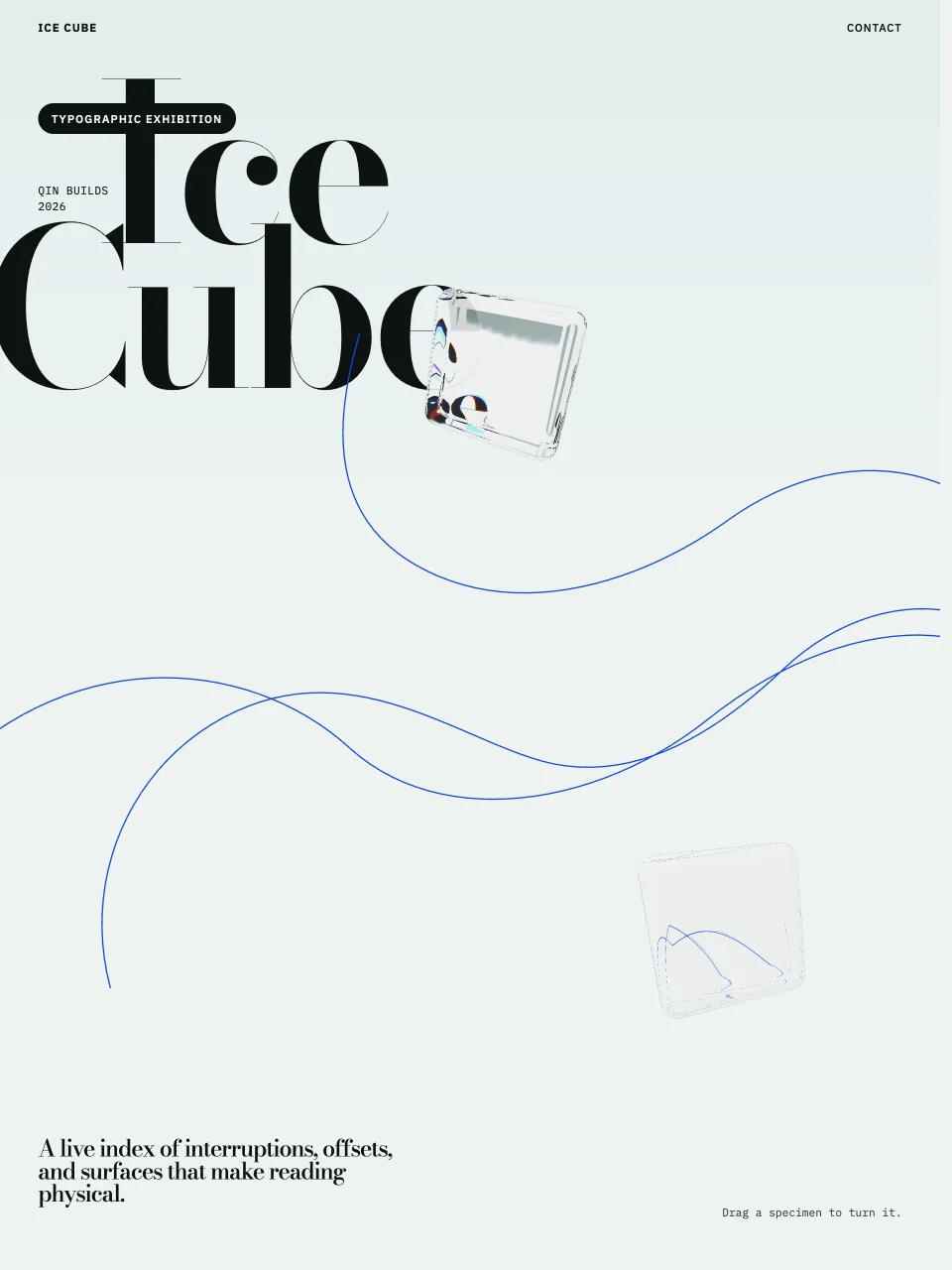 Refractive glass specimens over oversized typography and cobalt orbit lines