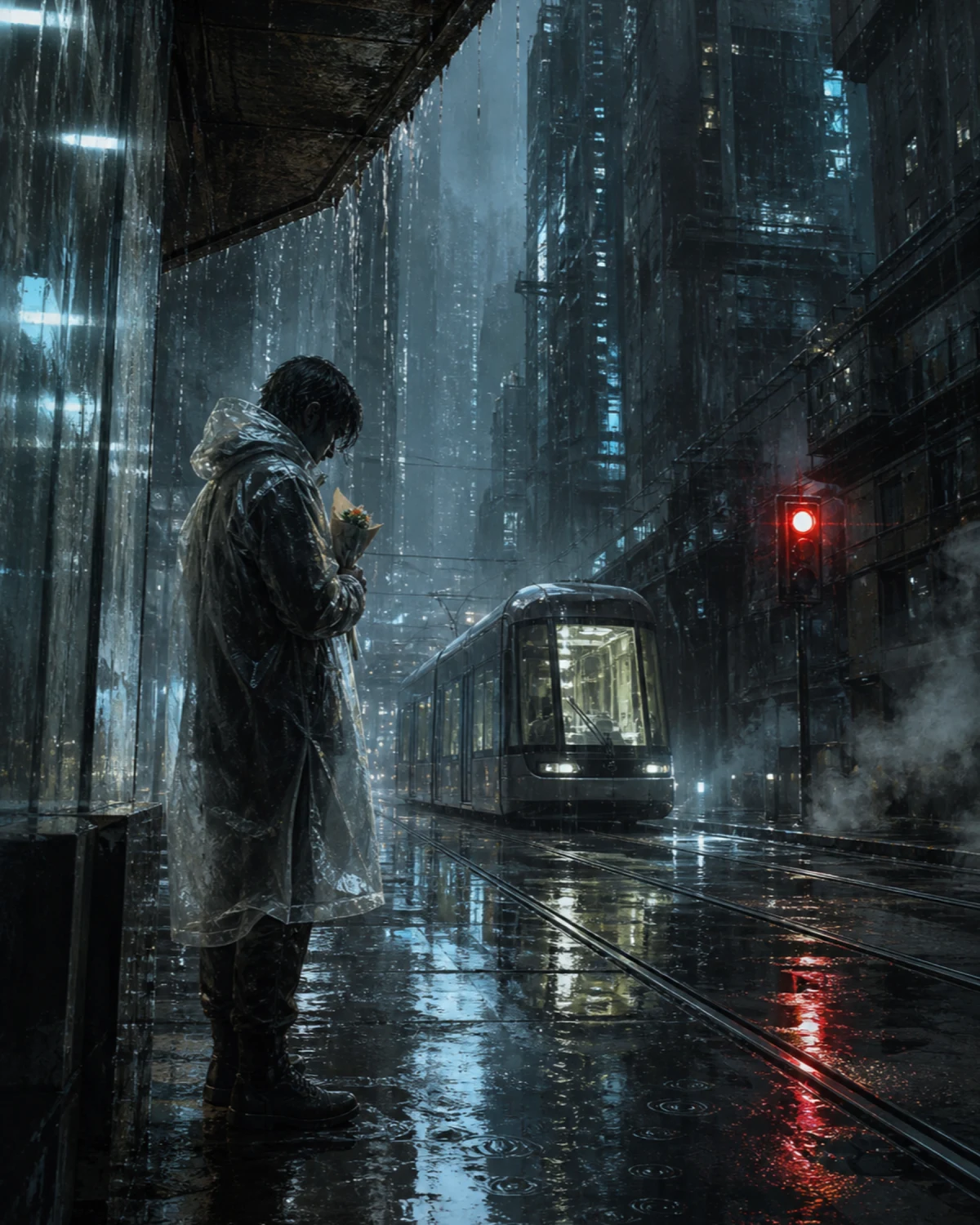 Rain-soaked future city at night, where a solitary courier shelters flowers beneath a translucent coat as a tram approaches and one red signal reflects across flooded rails