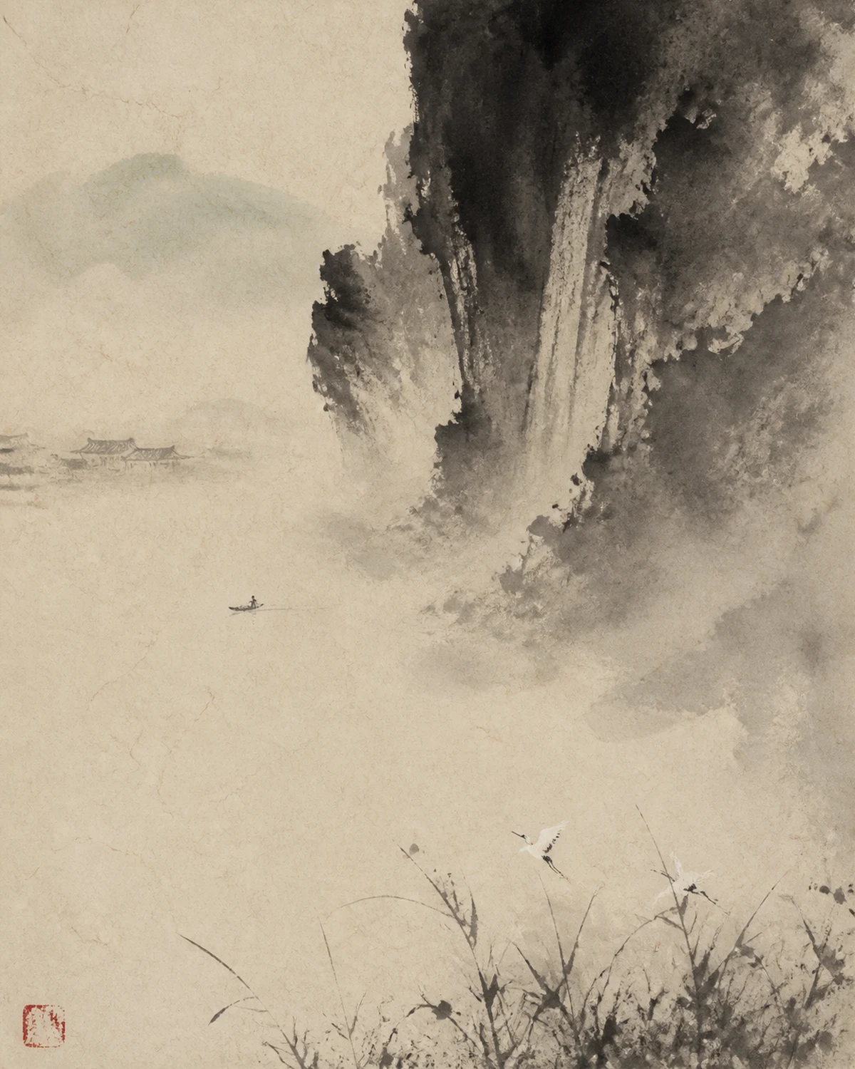 Chinese ink-wash landscape on warm xuan paper, with a monumental rain-dark cliff dissolving into mist above a tiny boat, distant roofline, reeds, and two lifting egrets