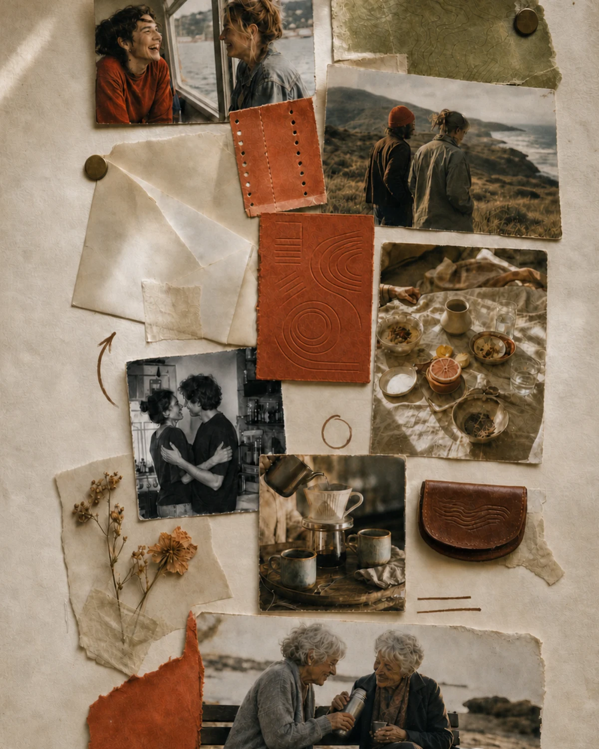 Tactile memory board on warm paper, layering intimate photographs of friendship, travel, meals, coffee, flowers, leather keepsakes, and a couple growing old together