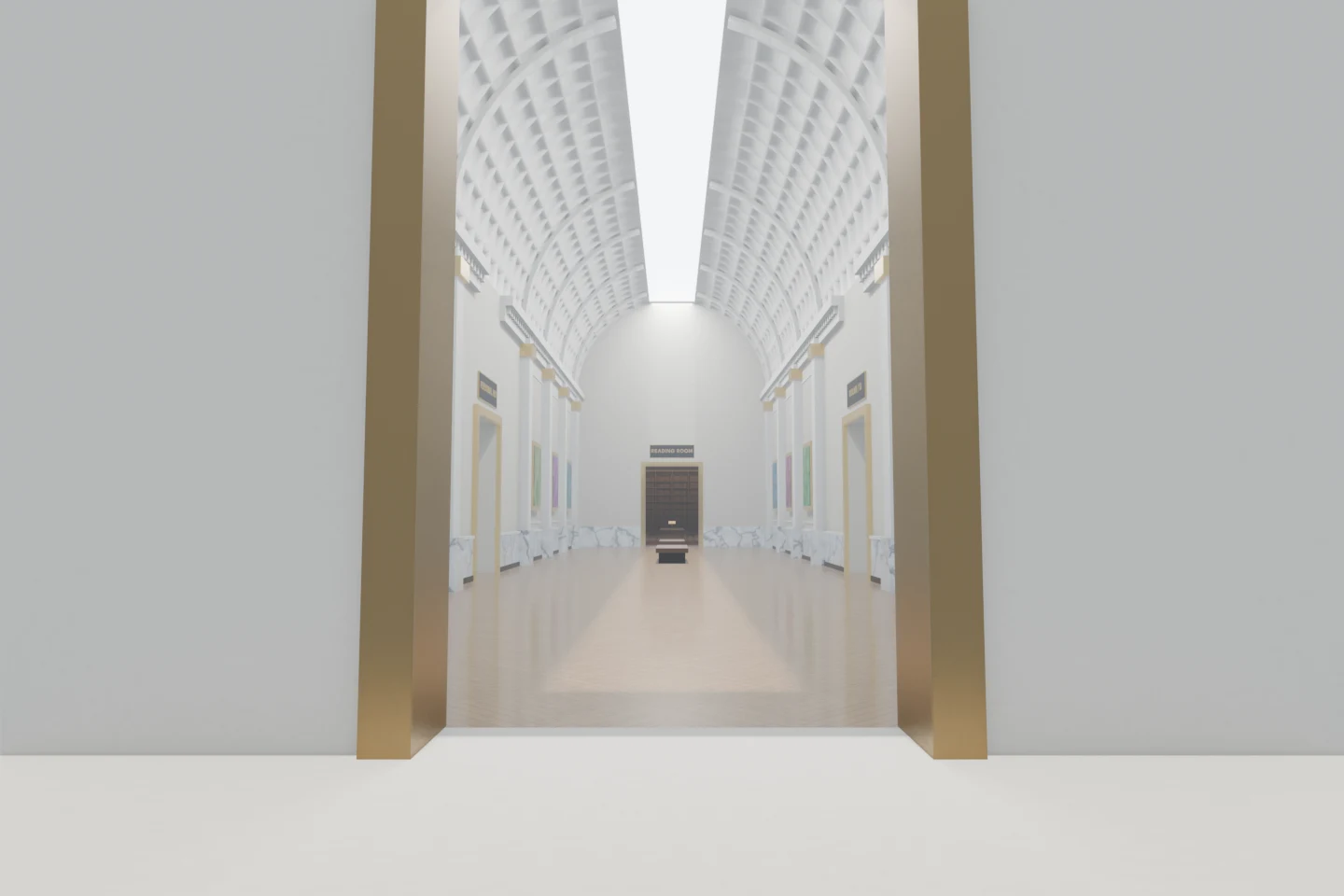 A tall bronze-framed portal in a pale stone facade, opening onto a long skylit gallery with a barrel vault, gilt pilasters, parquet, and a warm-lit doorway at the far end.