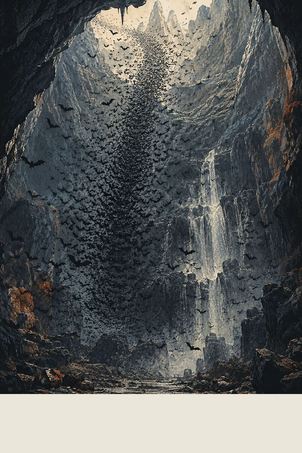 Looking up the throat of a vast limestone cavern, where a column of thousands of small bats spirals from the rubble floor toward a bright opening of daylight beside a pale waterfall.