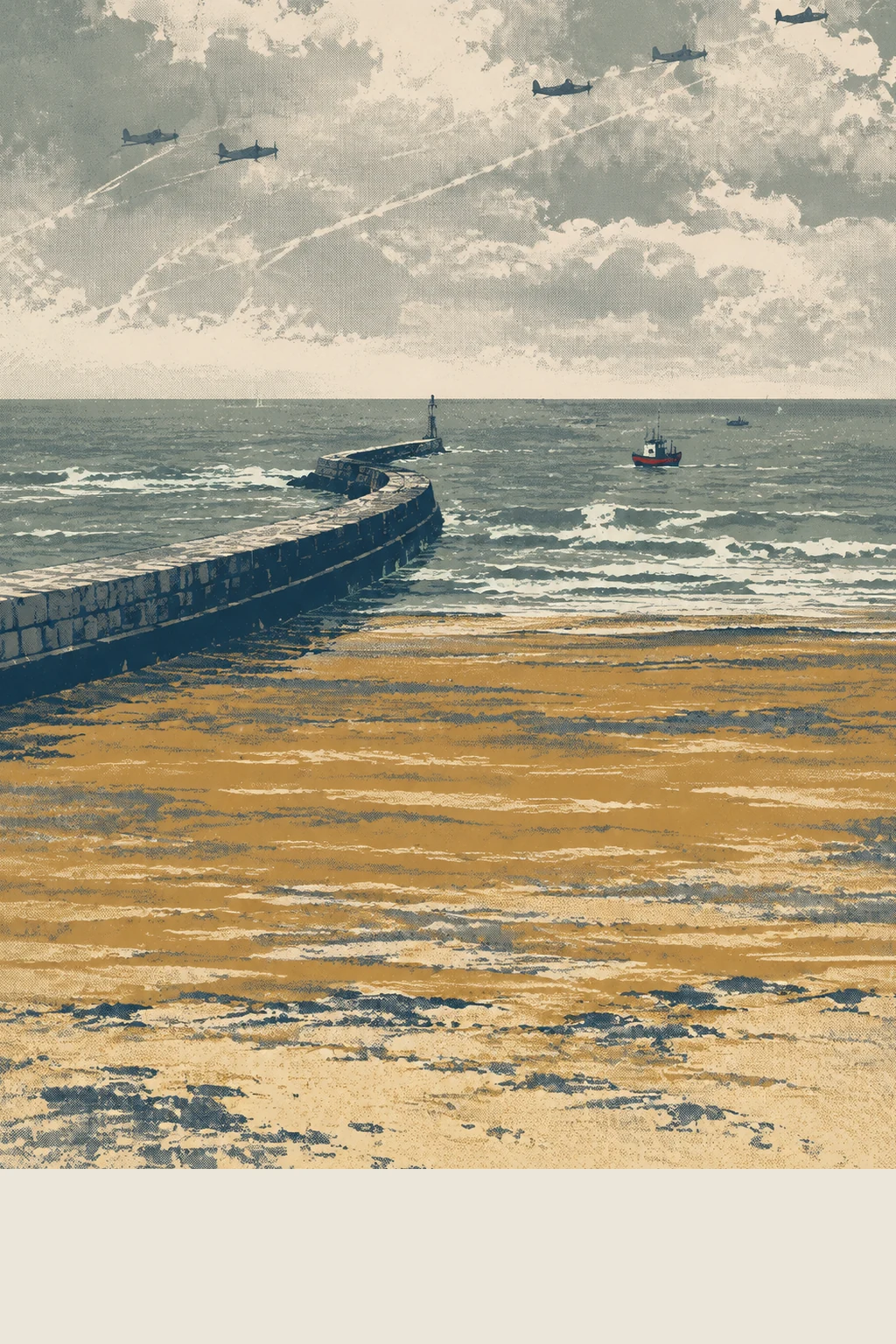 A long stone breakwater curving out from a wide ochre tidal beach into a grey-green sea, a small red-hulled boat beyond it, and formations of distant aircraft trailing contrails across an overcast sky.