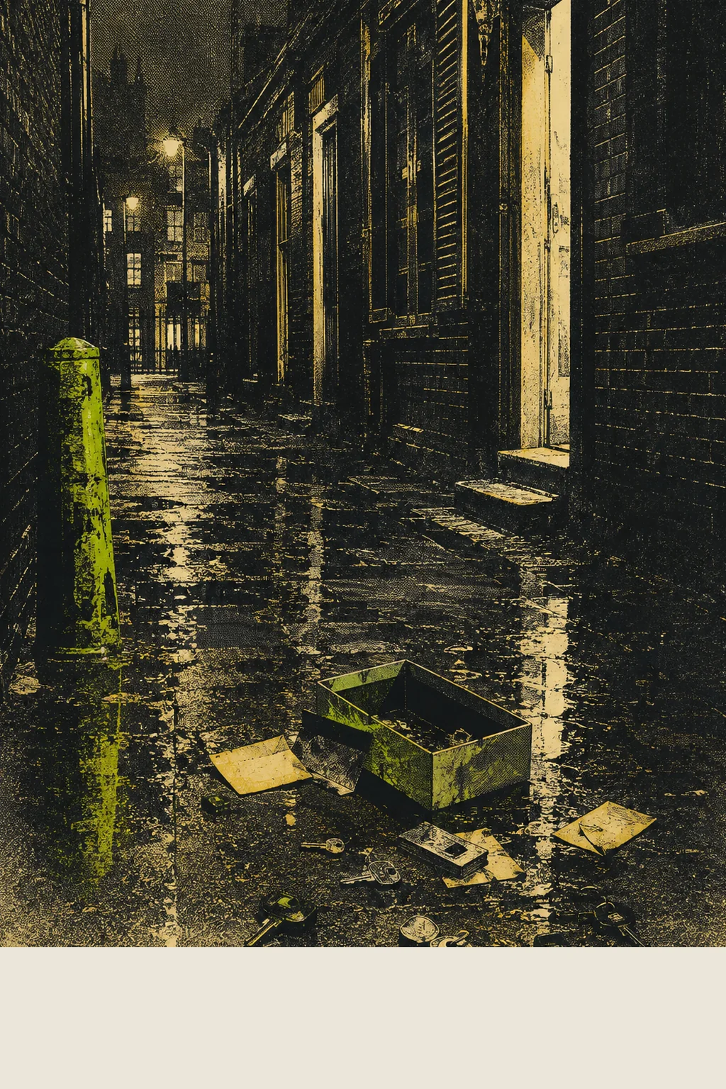 A rain-slick city backstreet at night, brick walls and shuttered doorways receding toward a distant lamp, a lime-green bollard in the foreground, and an emptied metal box spilling papers and small objects across the wet ground.