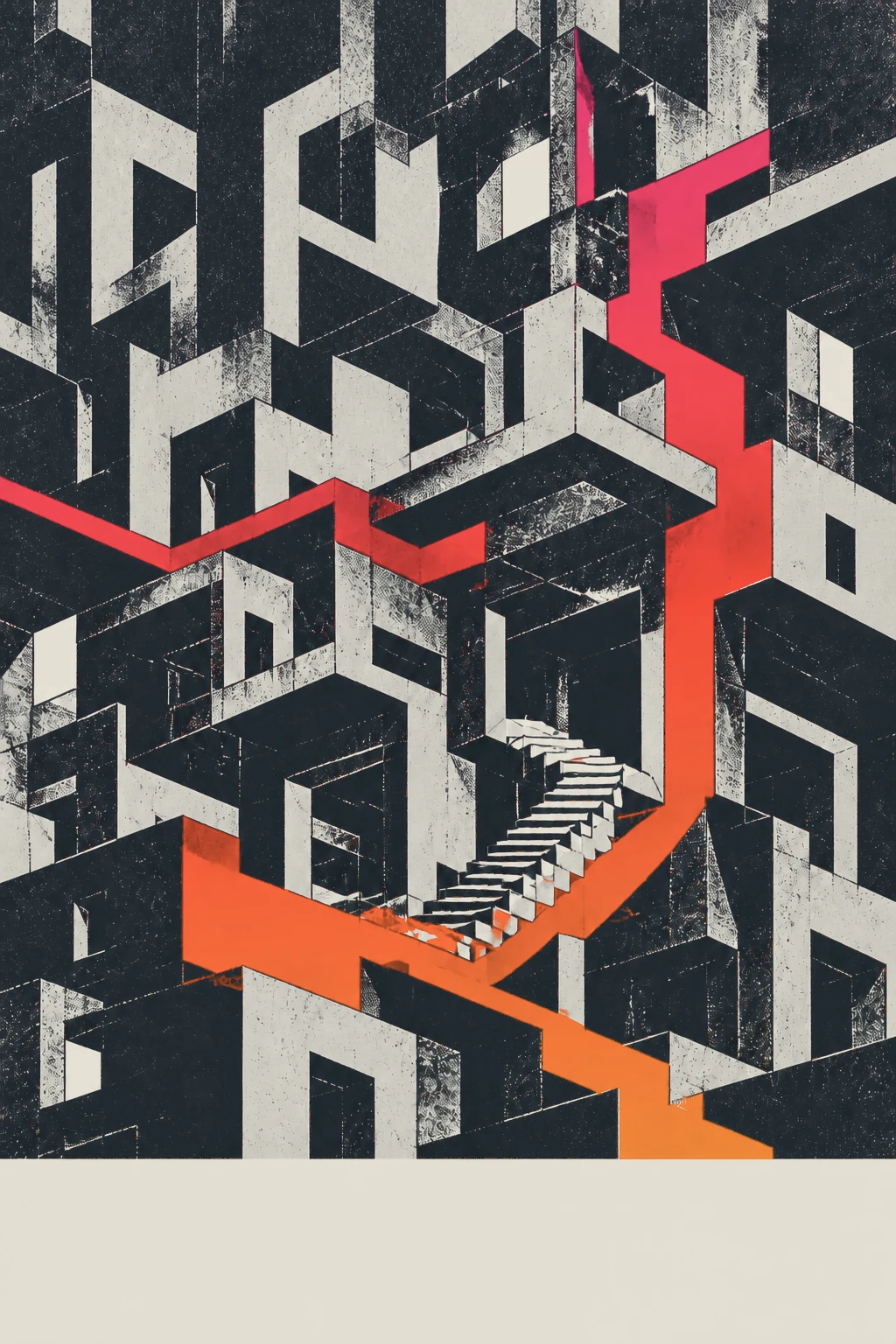 An impossible charcoal-and-white city folded through opposing gravity directions as blocky printed volumes, a pale staircase turning through the middle and a broad red-to-orange band zigzagging down the page.