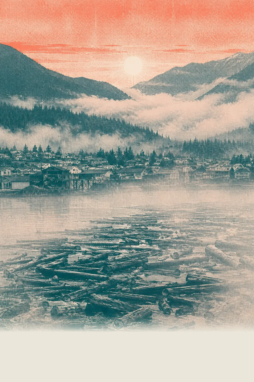 A fogbound northern fjord town under a sun that will not set, dark conifer ridges and a salmon-red sky above a river choked with a raft of floating timber.