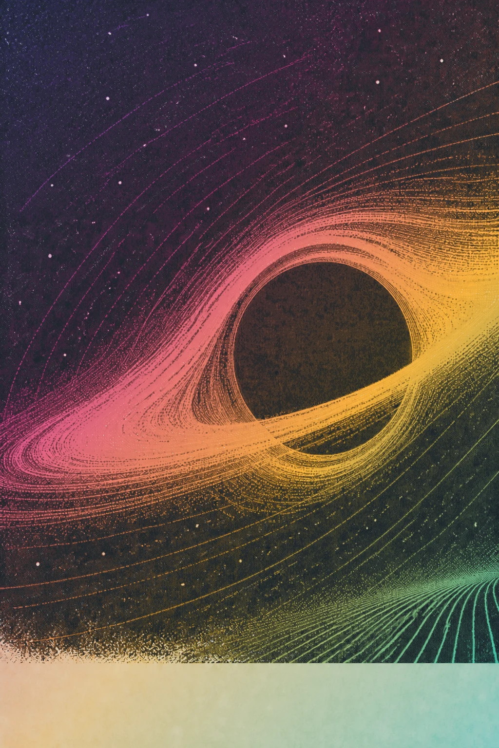 A black circular void set right of centre, ringed by a lensed disk of fine halftone lines shading from magenta through gold, over a dark star field with ruled furrows dissolving at the lower edge.