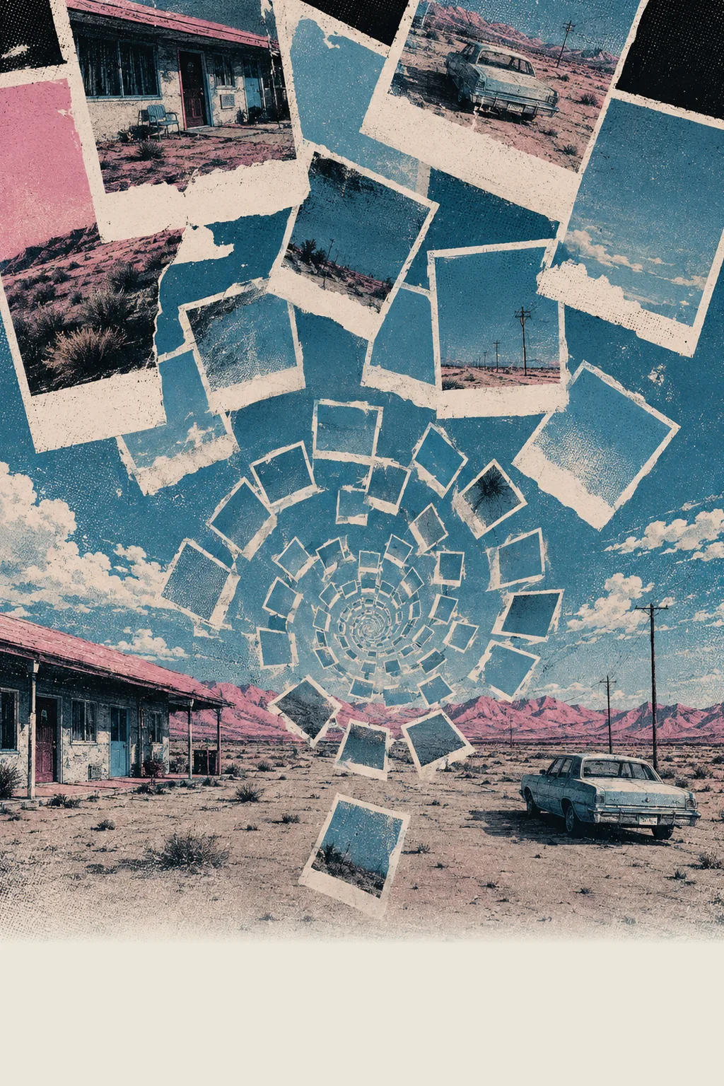 Dozens of torn instant photographs spiralling backward into a vanishing point above a bleached desert highway, the low motel, scrub, telegraph poles and parked car printed in faded cyan and pink.
