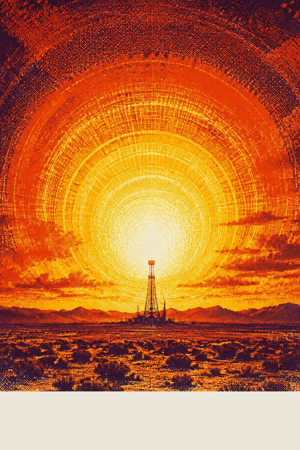 A desert plain at dawn beneath a colossal expanding sphere of light drawn as concentric halftone rings of white, yellow and orange, a steel lattice tower standing small and black at its foot.