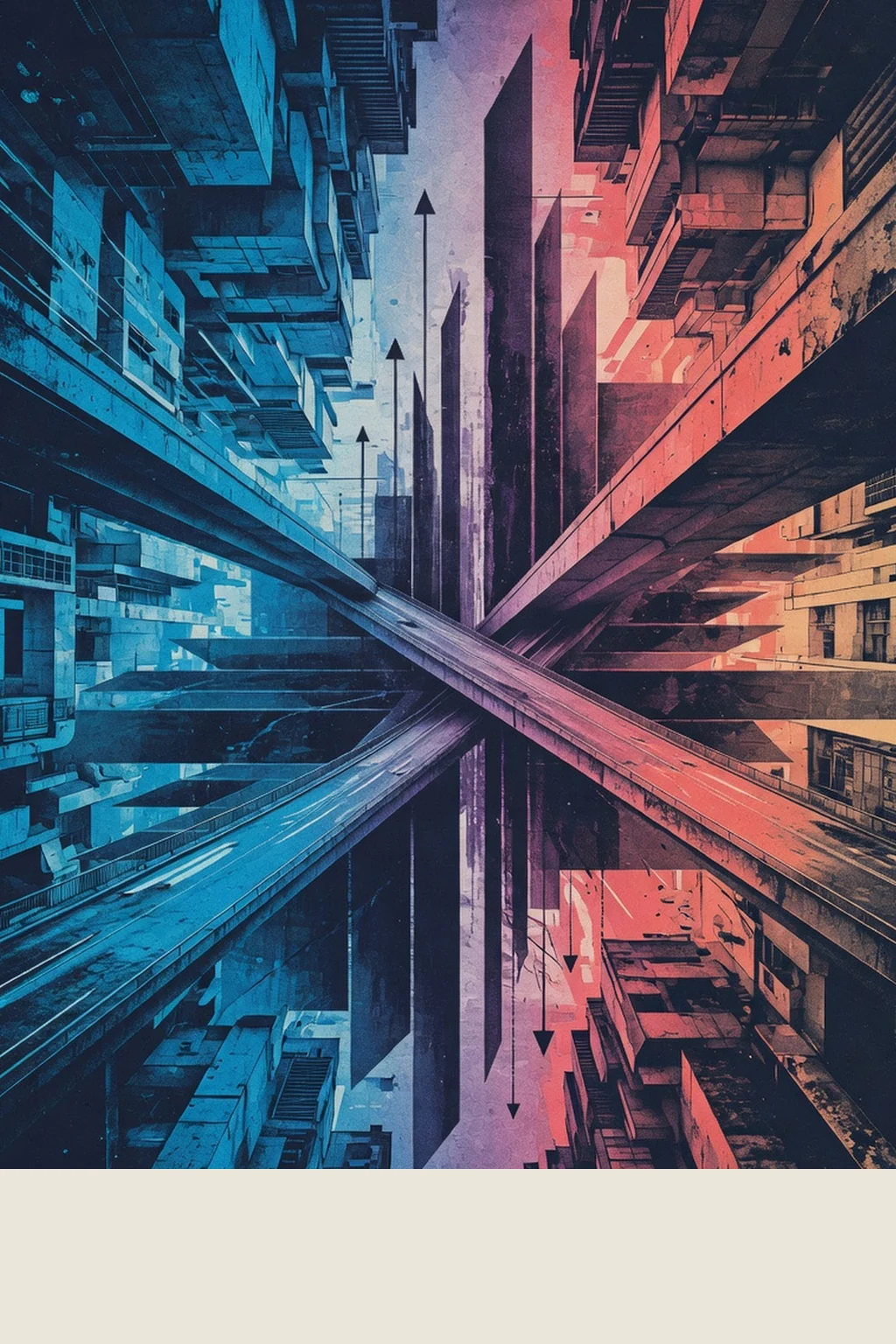 A symmetrical canyon of concrete buildings in steep perspective, cool blue on one side and warm red on the other, with slab arrows running upward on one half and downward on the other toward a narrow seam at the centre.