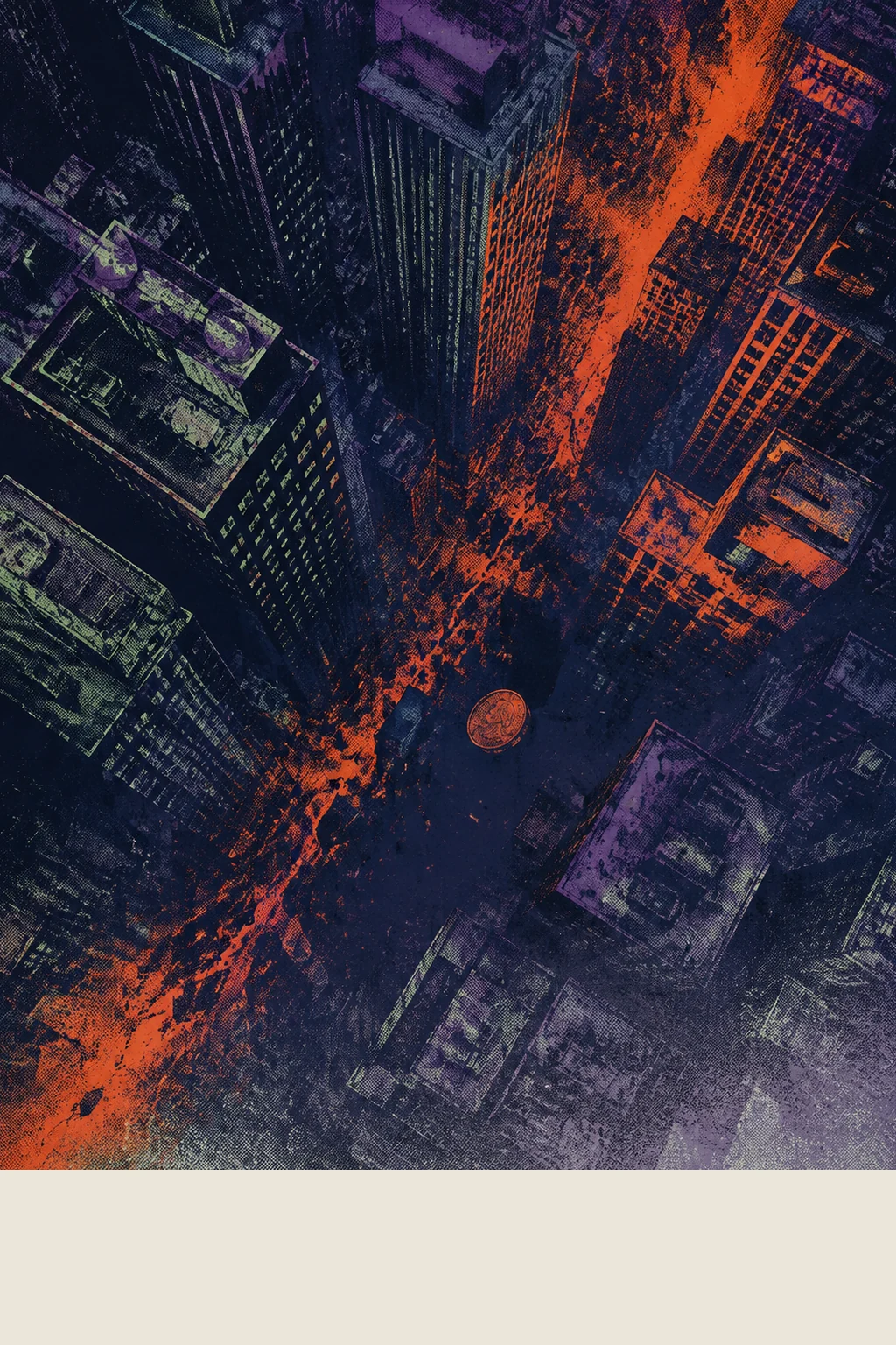 A dense city of towers seen straight down from above at night in bruised violet and slate, split by a jagged diagonal fracture of burning orange with a single scorched coin hanging over its centre.
