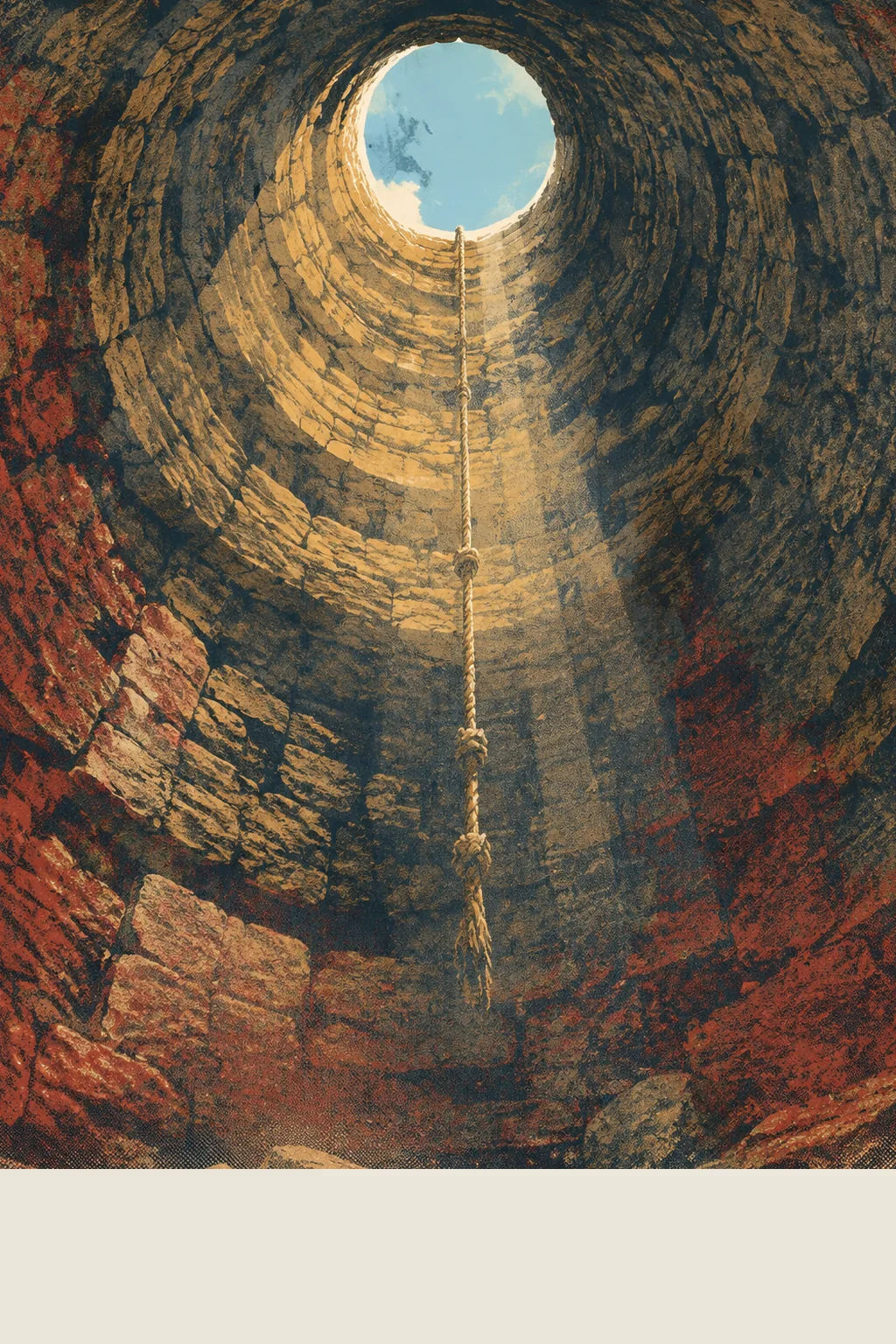 The inside of a deep circular stone pit seen from its floor, ring upon ring of rough masonry rising to a small circle of blue sky, with one knotted rope hanging down the shaft.