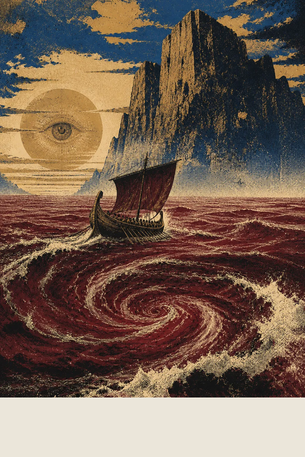 A single ancient oared ship with a square sail riding a great spiral swell of wine-dark sea, a sheer cliff island ahead and a low gold sun marked with an eye above the horizon.
