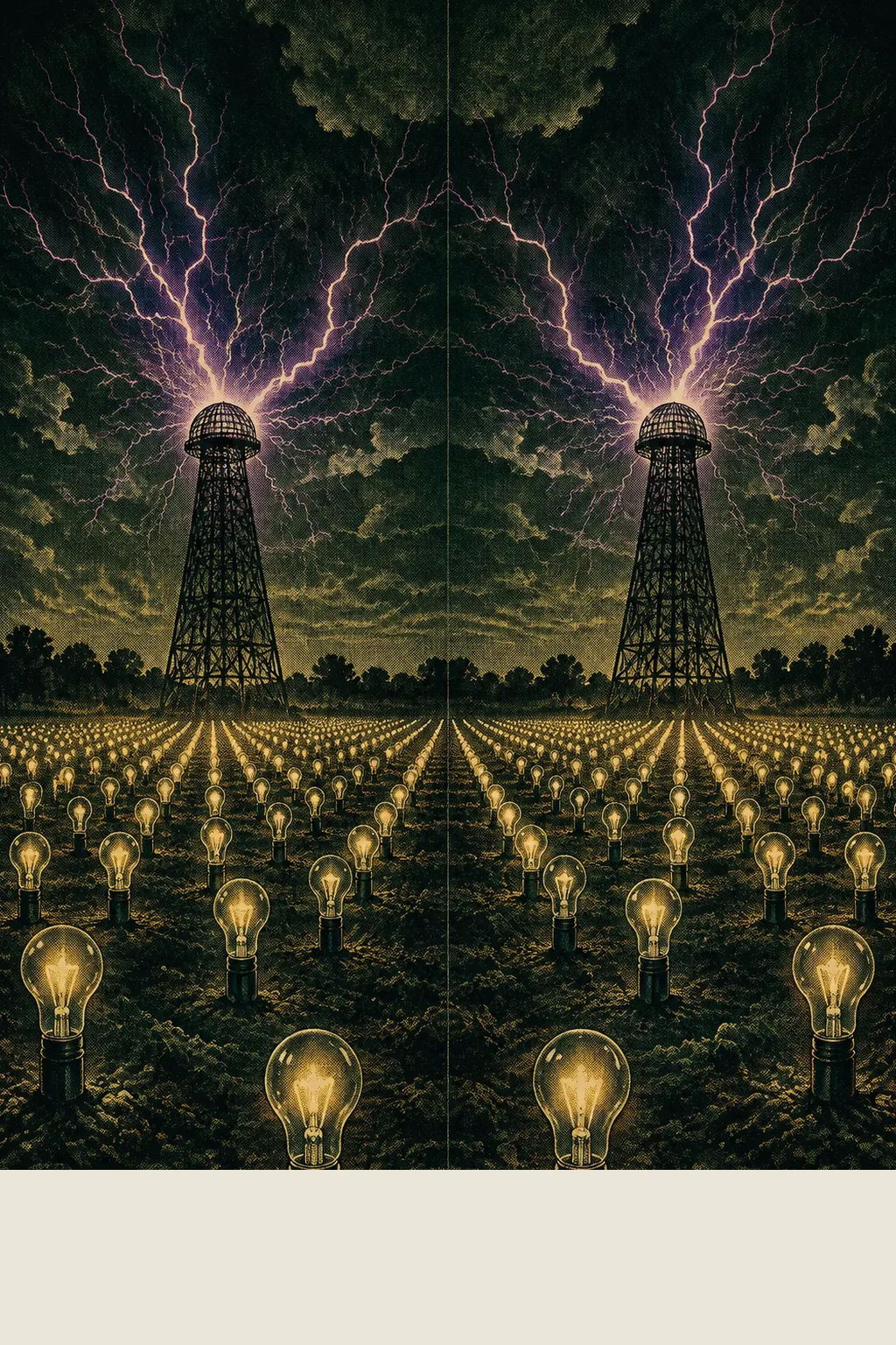 A mirrored night field where two identical iron lattice towers throw violet lightning across a storm sky above endless planted rows of glowing filament bulbs.