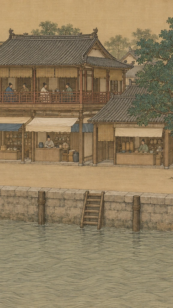 A riverside teahouse of the Qing court Qingming scroll painted anew: a two-storey balcony over shopfronts, a stone embankment and the river below