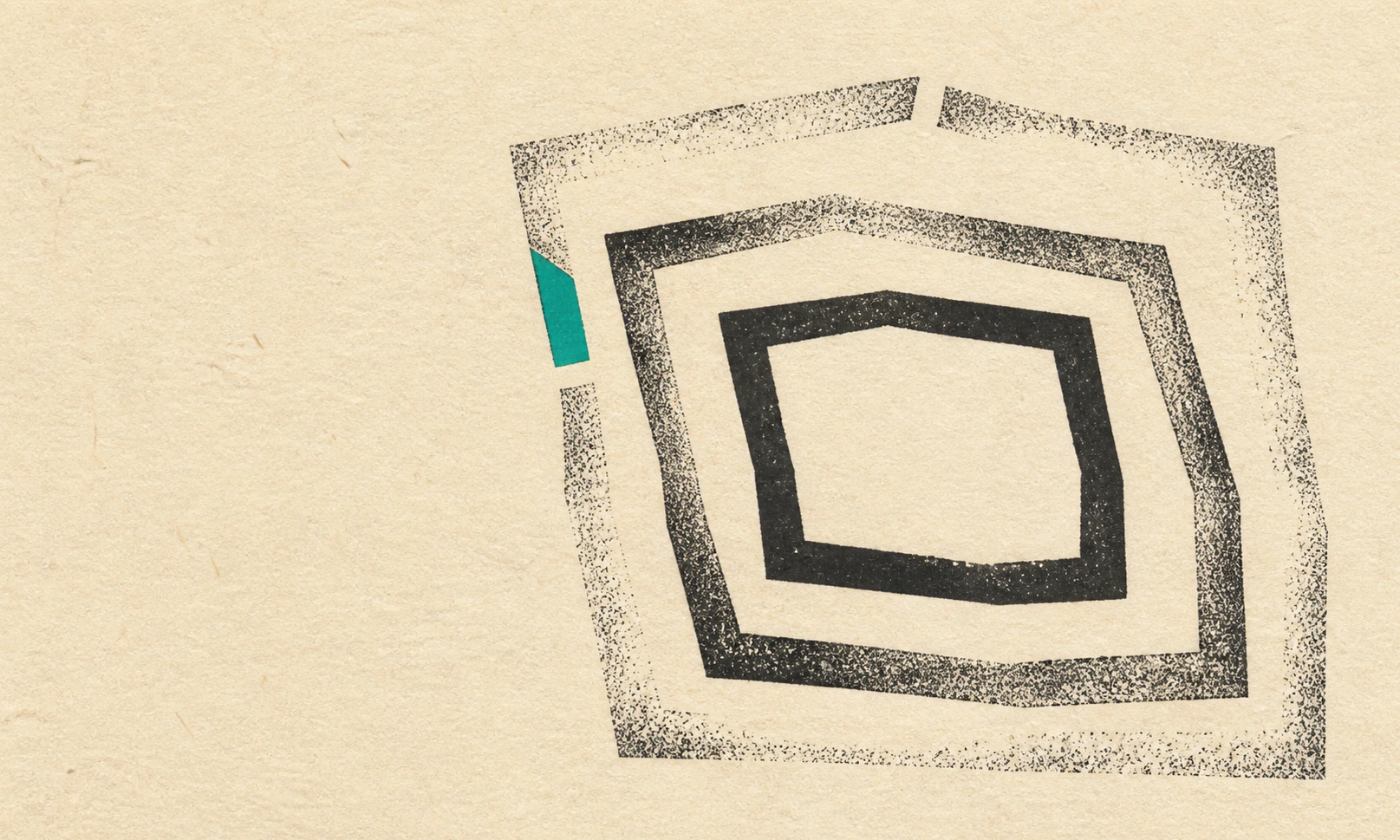 Distilled ink print: three hand-cut enclosures nested inside one another with unequal margins, the innermost left as bare paper, and one narrow teal seam where the outer boundaries fail to close