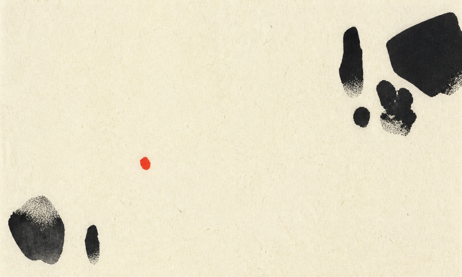 Distilled ink print: two groups of unequal marks pressed toward opposite edges of a cream sheet, a wide bare span between them, and one small cinnabar mark alone in that span