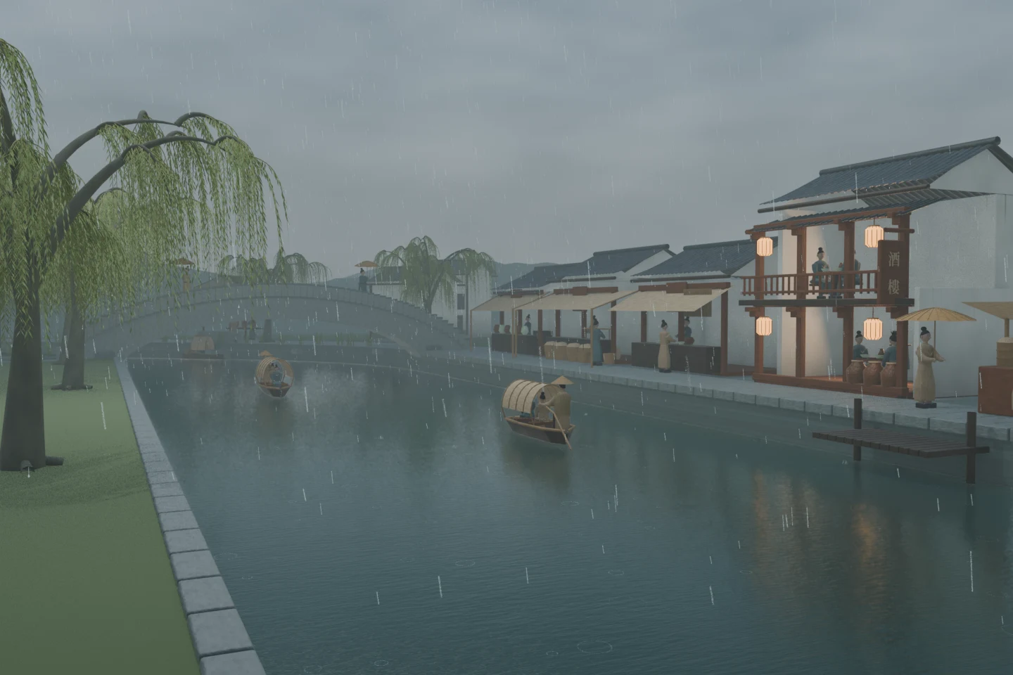 Heavy rain falls over a softly lit Jiangnan canal, with dripping tiled eaves and willow branches, sheltered shop fronts, covered passenger boats and open banks beside the stone bridge.