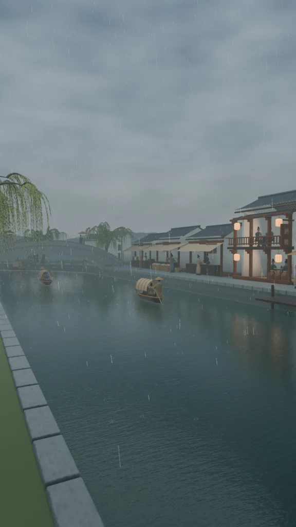 Rain over a Jiangnan canal, tiled roofs, willow branches and a stone bridge